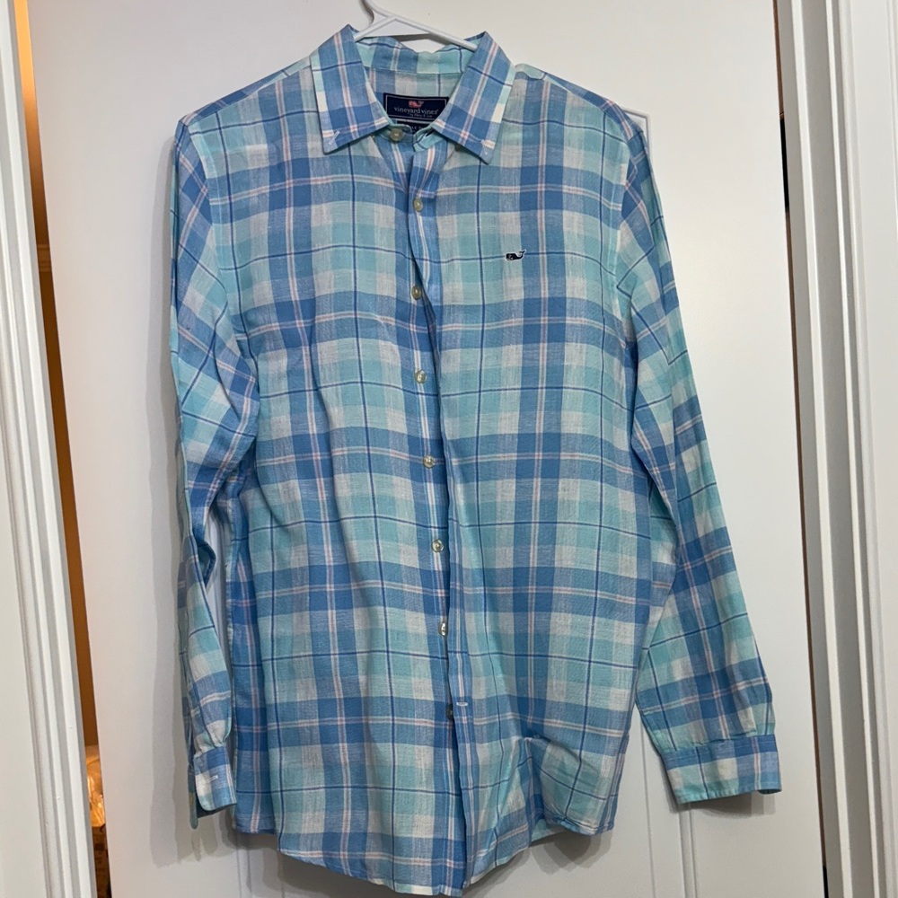 Vineyard Vines Boys Linen Light Blue and White Plaid Shirt